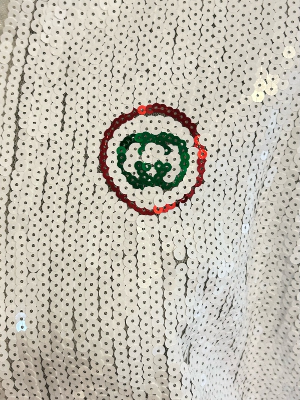 White Sequin Zip-Front Bomber Jacket with Green and Red Accent - Picture 2 of 3